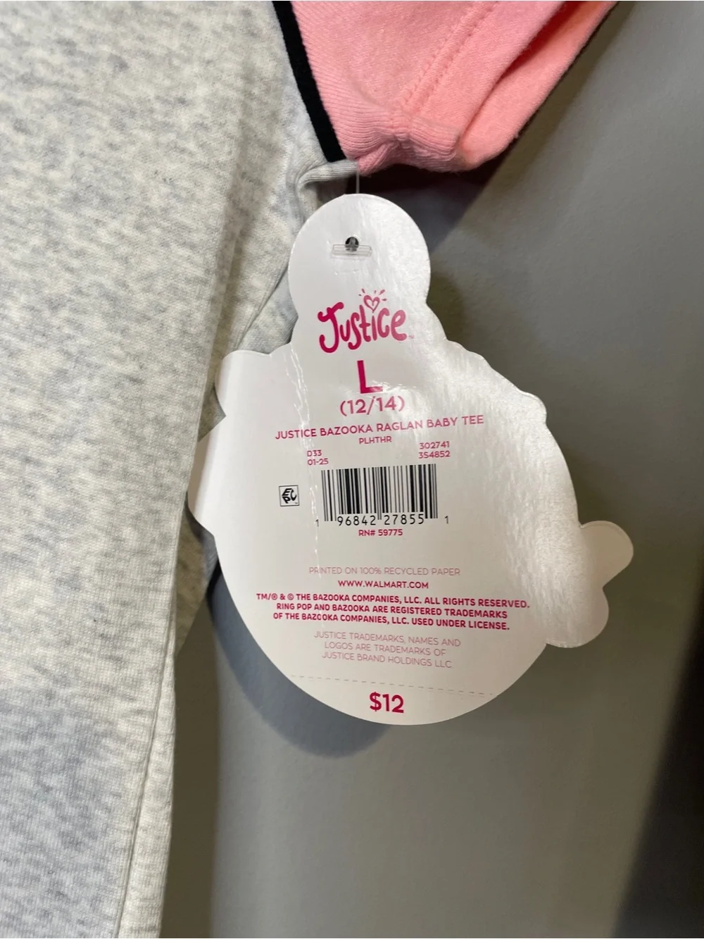 Justice Retro Pink Raglan Tee with Light Heather Gray Body Bazooka Gum